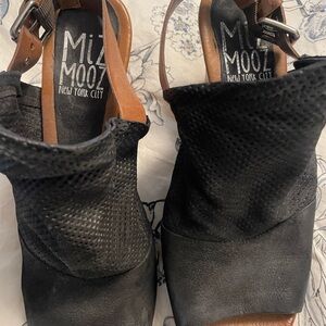 Miz Mooz Black Perforated Slingback Peep-Toe Booties with Brown Strap